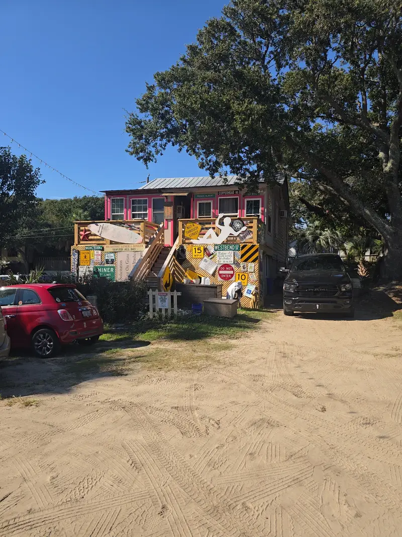 The sand lot in front of the pink house covered in old road signs, under a live oak
